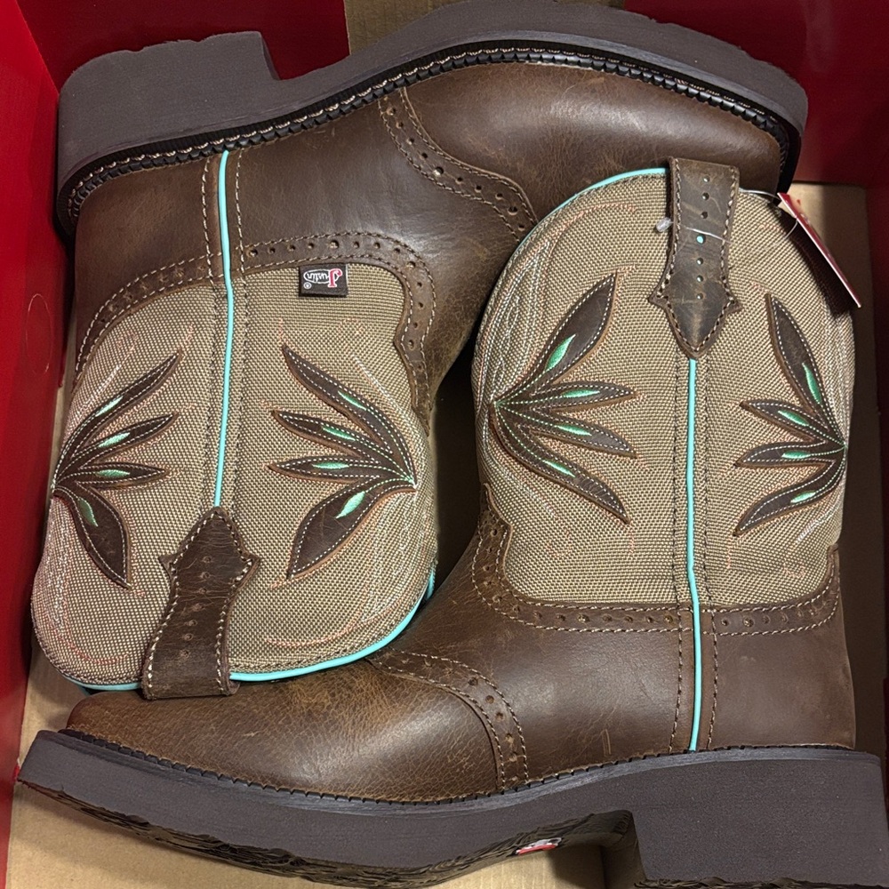 NWT Justin Women's Brown and Tan Ankle Boots with Teal Details size 9.5B